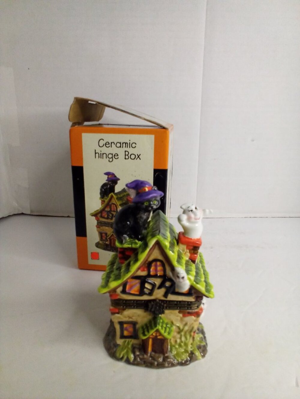 Halloween Haunted House Ceramic Hinge Box Ghost Black Cat 5" Tall